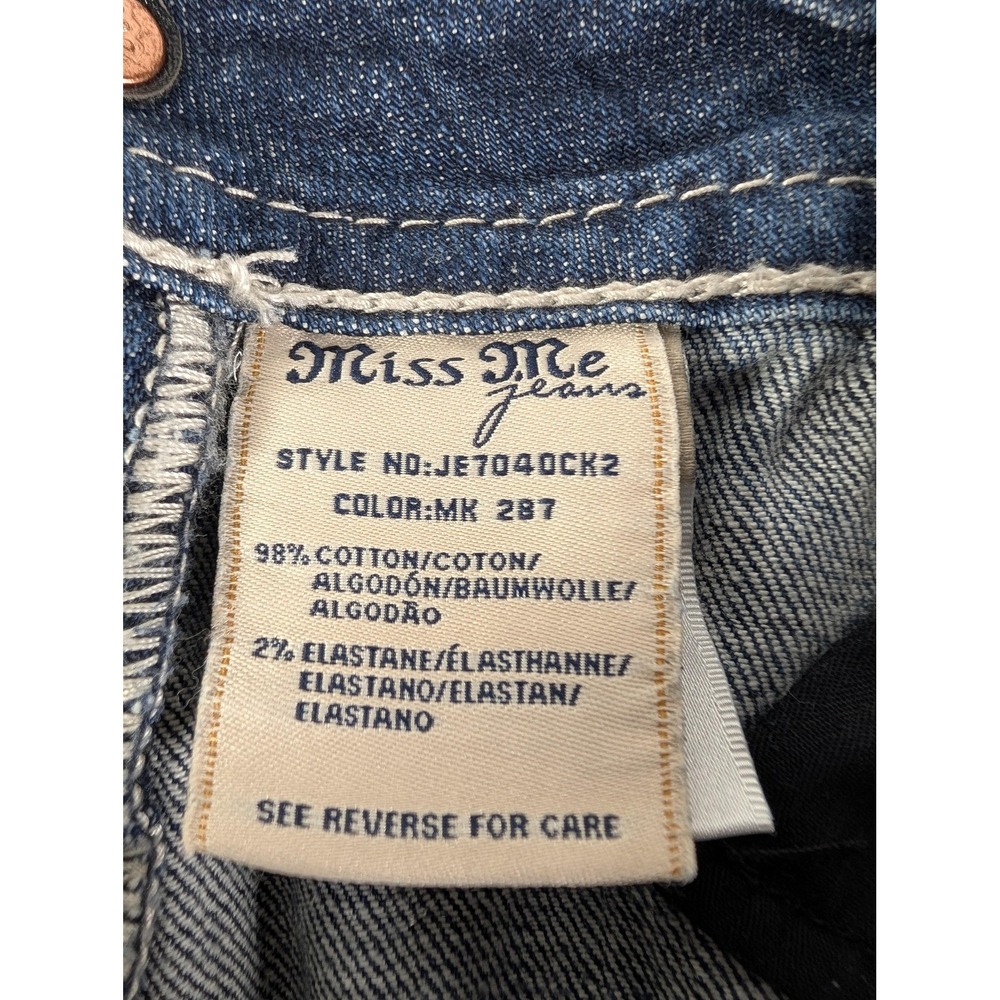 Miss Me Distressed Skinny Jeans in Dark Blue with Red Patch Accents - Picture 13 of 16